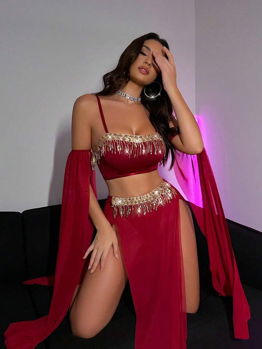 Ensemble 5 pièces en tulle à paillettes avec franges
